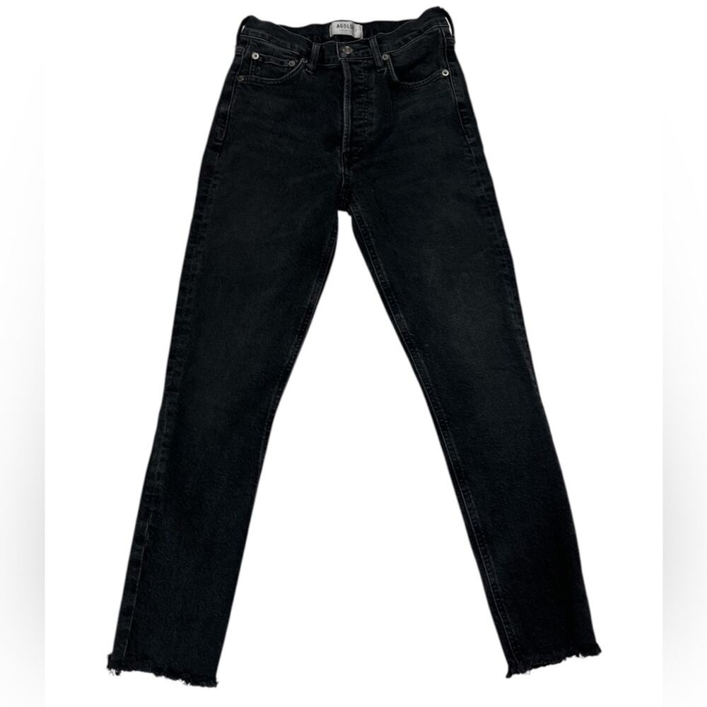 Agolde Black Button Fly Skinny Jeans Denim High Waisted Size 24 Fray Hem Solid